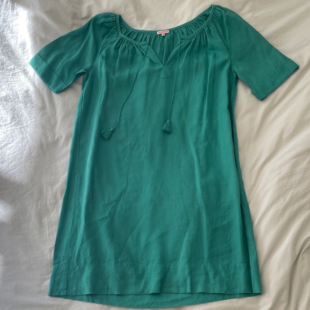 Bensimon Linen Teal Blouse with Tassel Ties and Pockets
